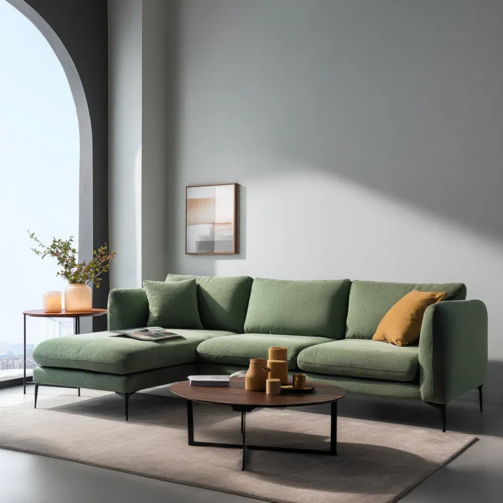 Sofá Seccional L 300x150x85 cm – Tela Verde – Estilo Contemporáneo
