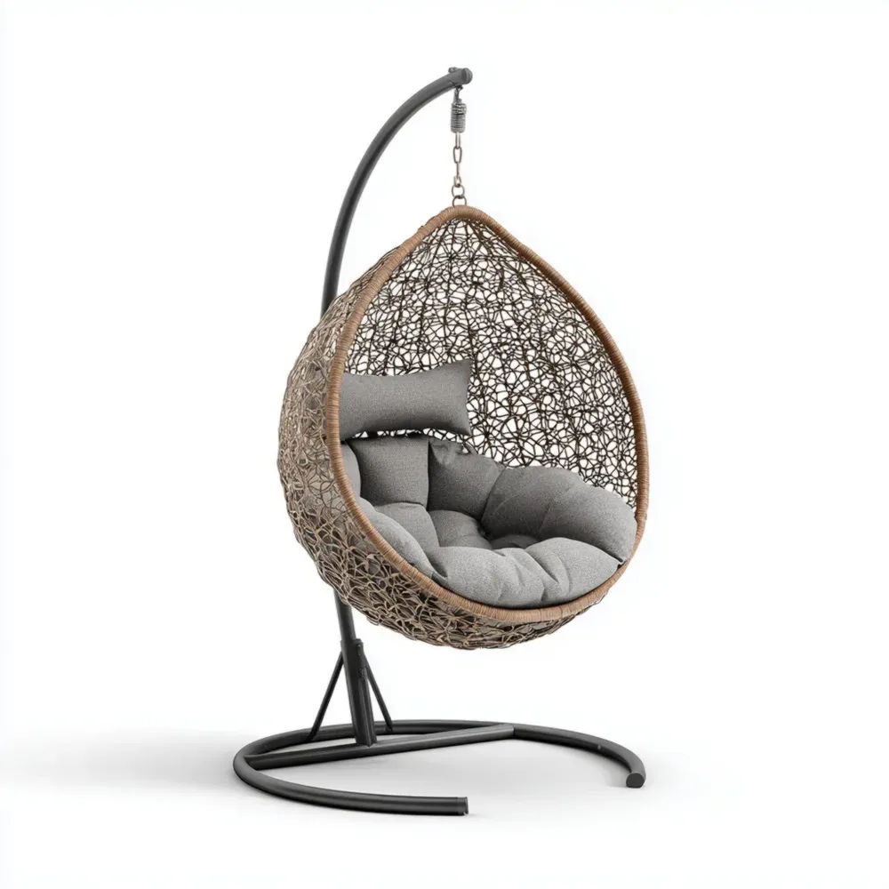 Silla Colgante de Ratán 100x95x195 cm con Cojines Gris/Marrón – Diseño Moderno para Exterior