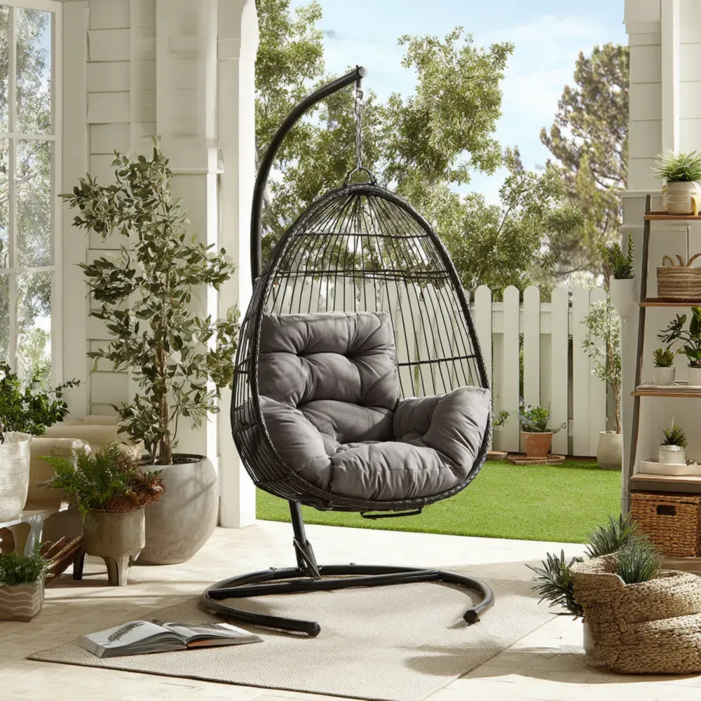 Silla Colgante 105x95x195 cm con Cojines Gris - Acero y Rattan