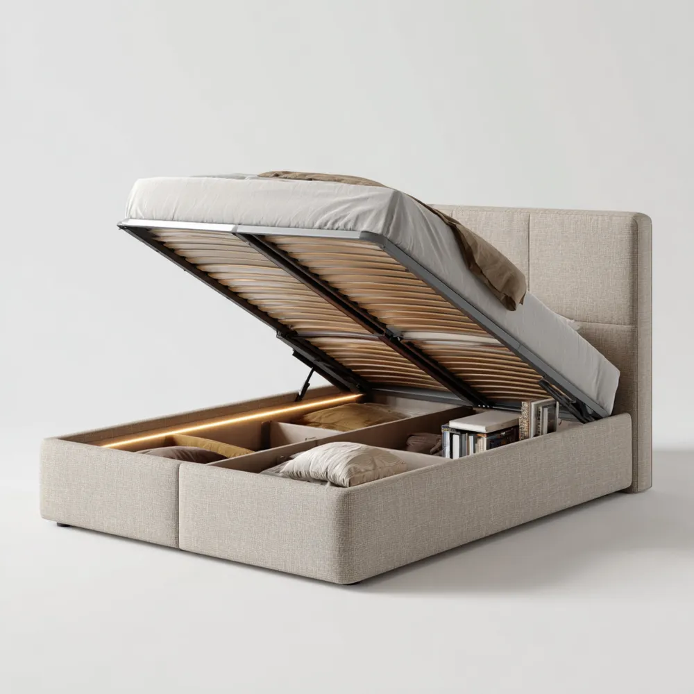 Cama con almacenamiento tapizada 180x200x35 cm – Beige – Diseño moderno