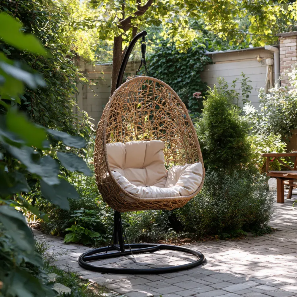 Silla colgante de ratán sintético 95x105x195 cm con cojines Beige para exteriores - Diseño moderno