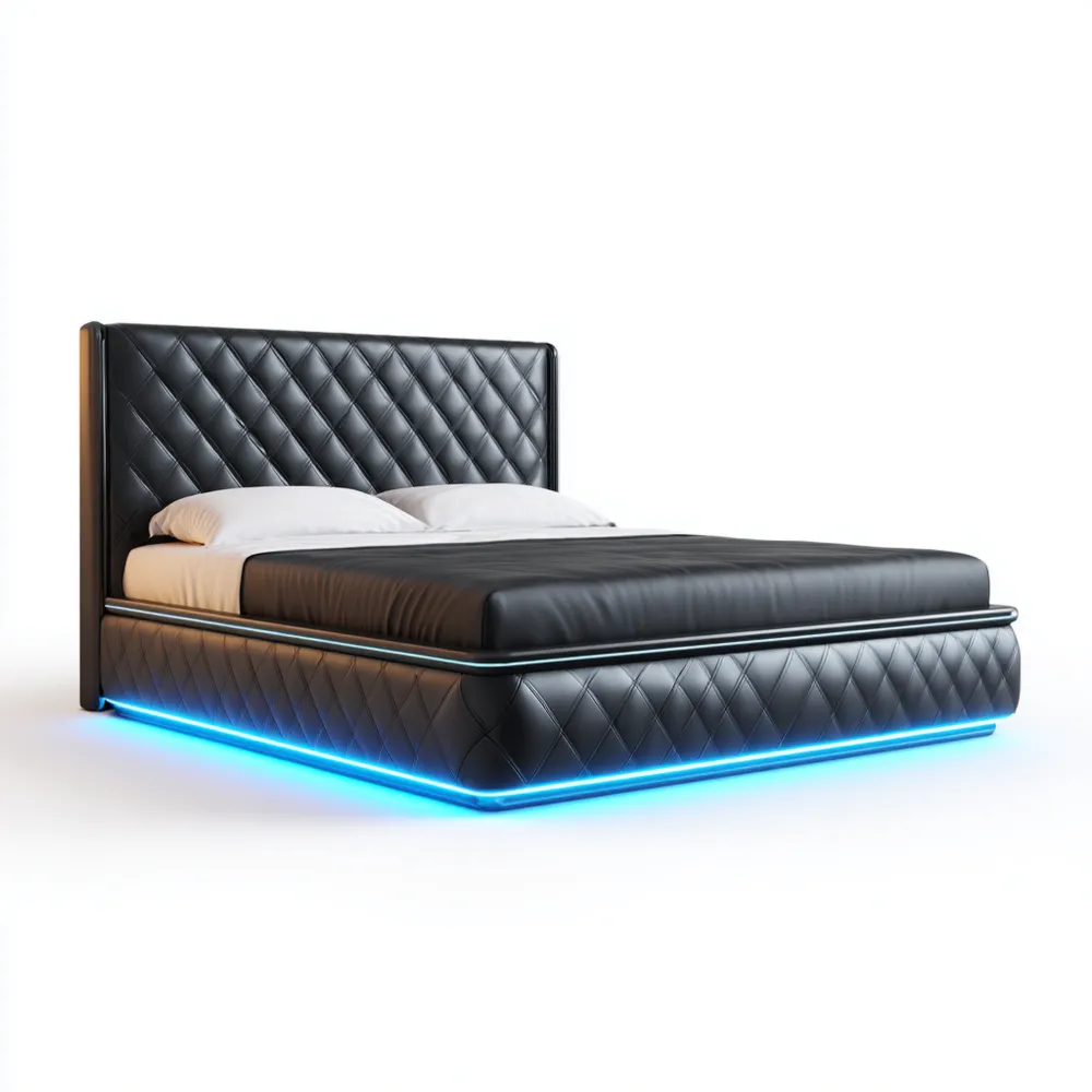 Cama Doble Tapizada Cuero Sintético 200x160x110 cm - Negro - Luces LED