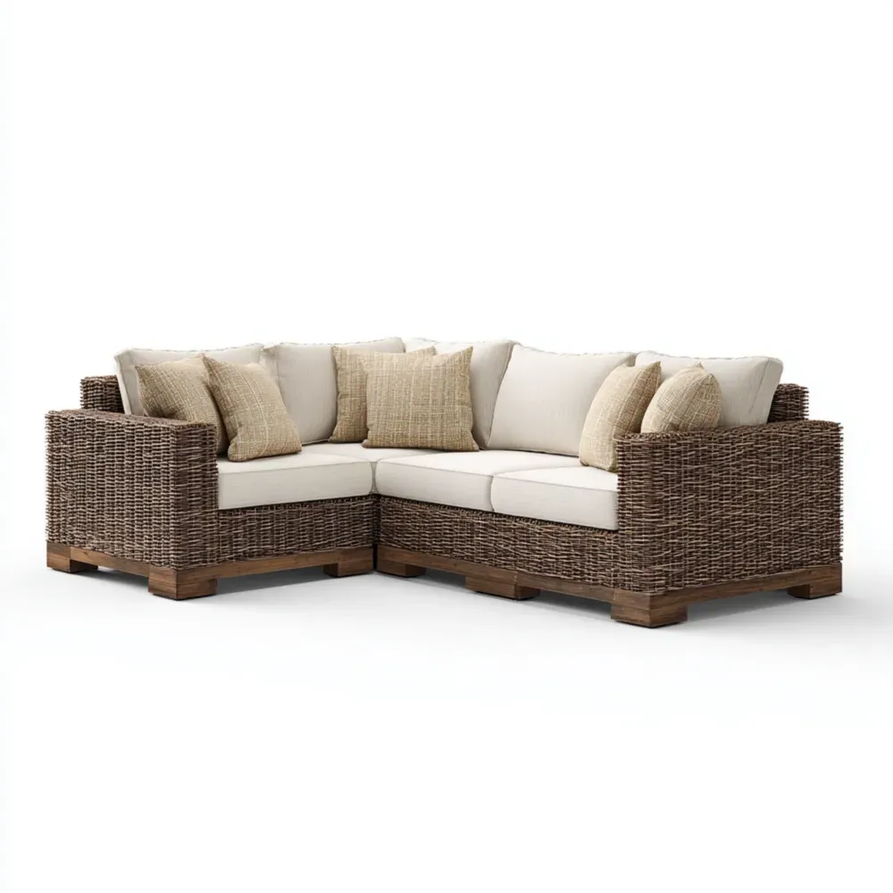 Sofá de esquina de mimbre sintético 230x230x85 cm cojines Beige/Marrón para exterior – Diseño contemporáneo