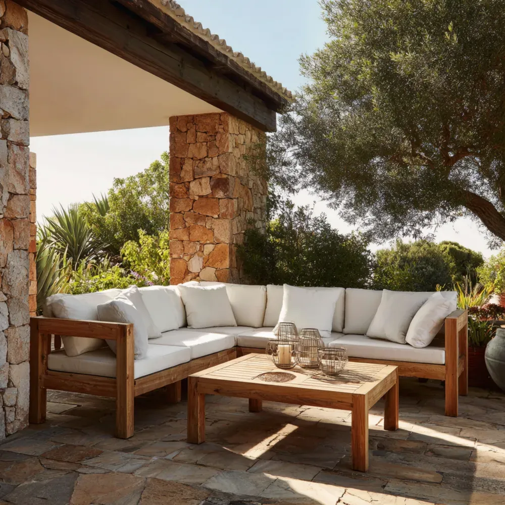 Conjunto de Sofá de Jardín Madera de Teca 250x250x75 cm Cojines Blanco