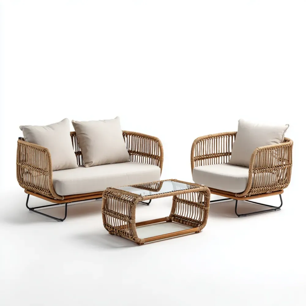 Conjunto de Sofás de Jardín de Ratán Sintético 150x80x70 cm con Mesa 90x50x40 cm – Beige – Estilo Contemporáneo