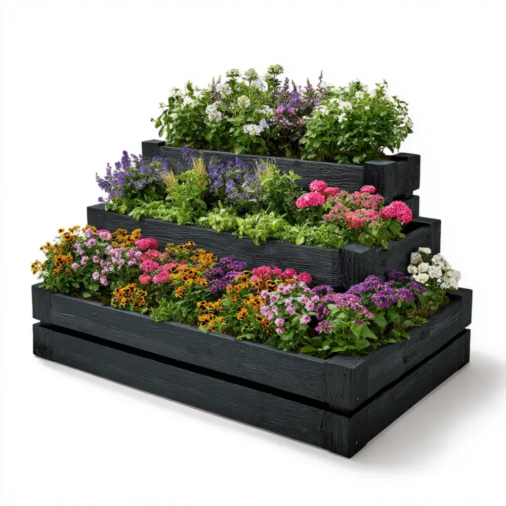 Cama de Jardín Elevada Madera 120x80x70 cm – Negra – Diseño Escalonado