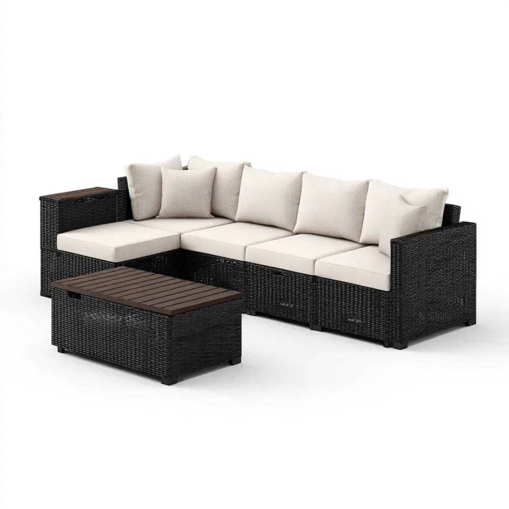 Conjunto de Sofá de Jardín Ratán Sintético 210x140x75 cm Cojines Beige/Negro Moderno