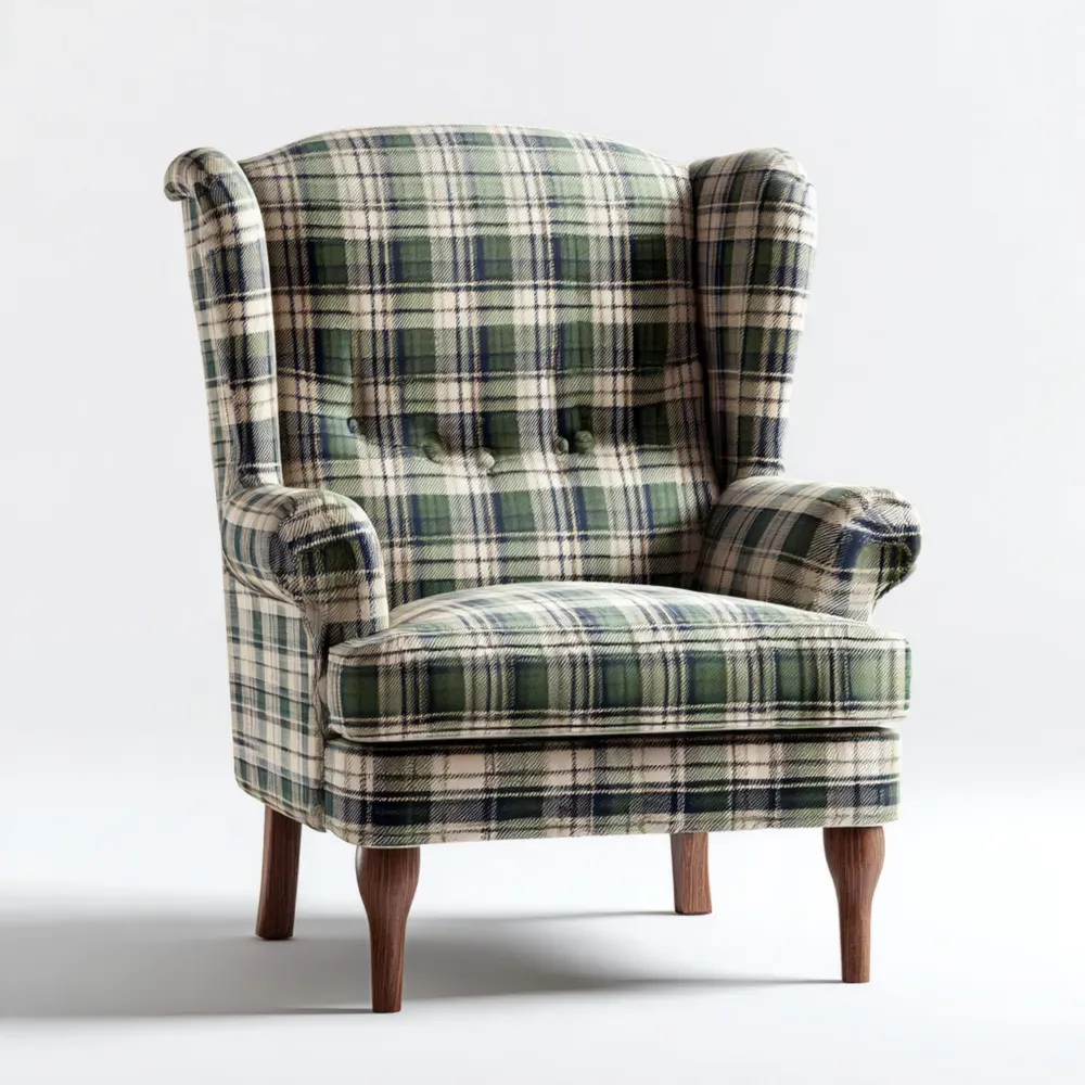 Sillón Orejero Tapizado a Cuadros 75x85x100 cm - Verde/Beige - Clásico