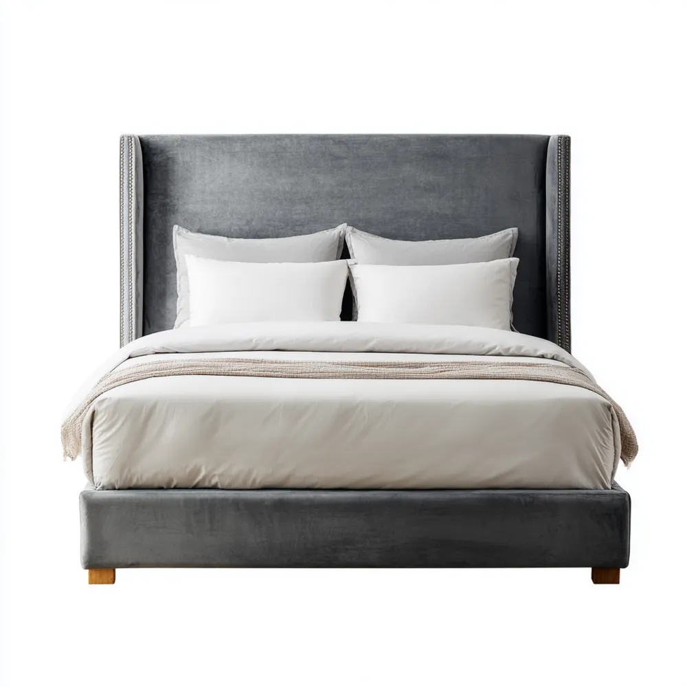 Cama Doble Tapizada Terciopelo 200x160x120 cm - Gris - Estilo Moderno