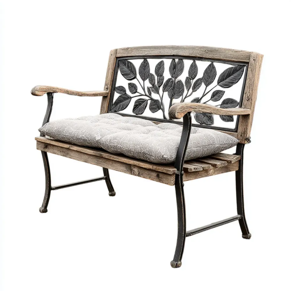 Banco de jardín de madera y metal con cojín – Diseño rústico – 120x60x80 cm