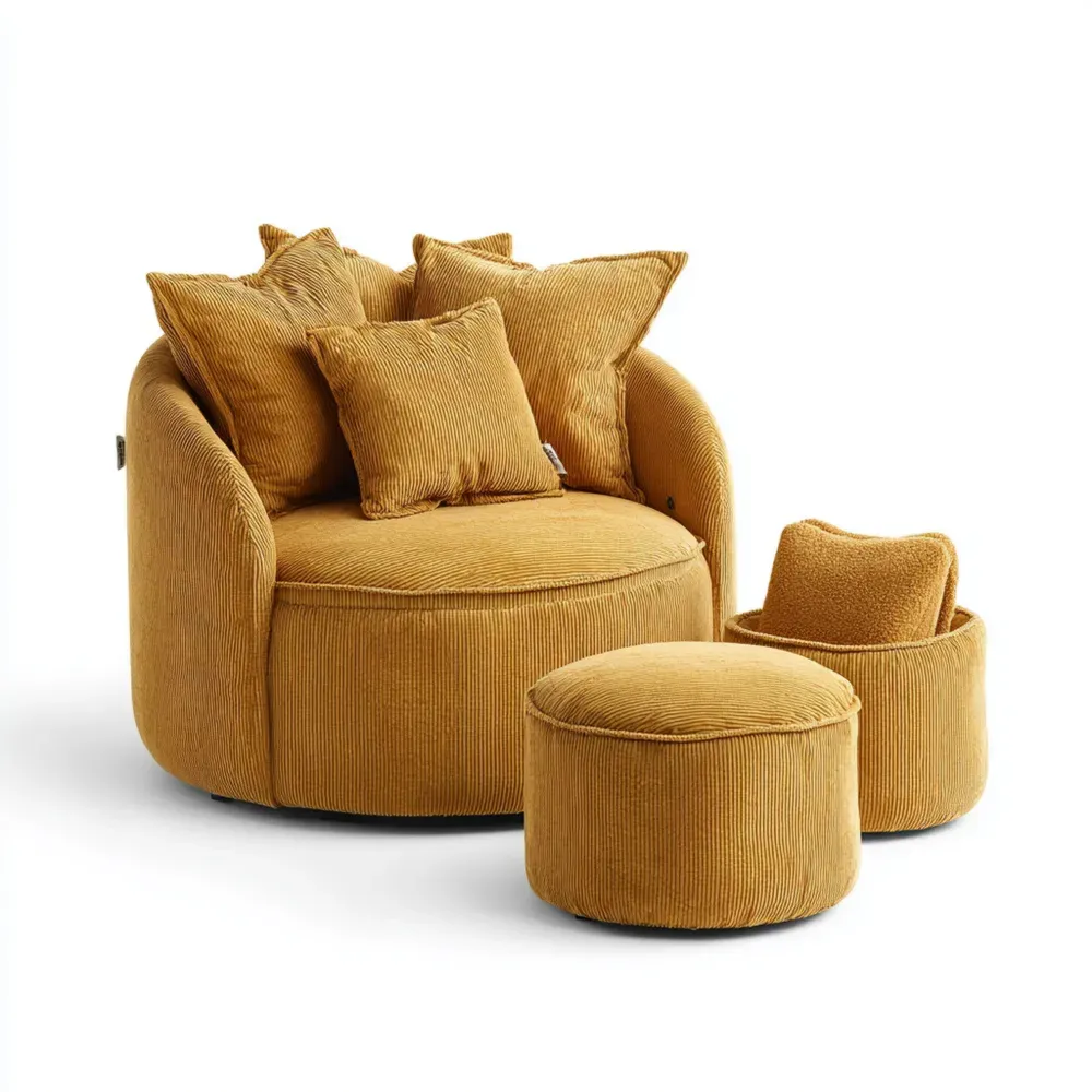 Sillón Redondo Terciopelo Mostaza 100x100x85 cm con Reposapiés 40x40x25 cm - Diseño Moderno