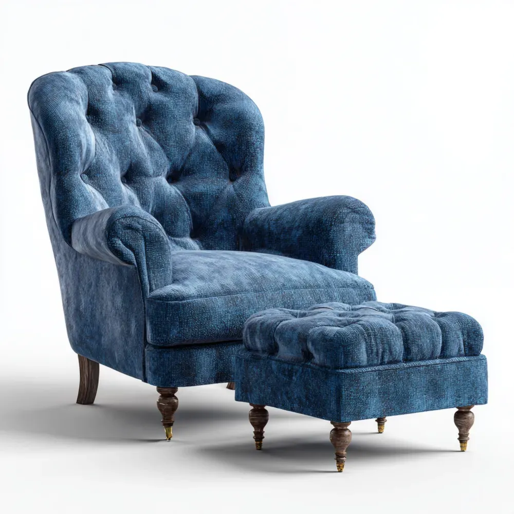 Sillón Relax con Reposapiés Tapizado 90x100x85 cm - Azul - Estilo Clásico