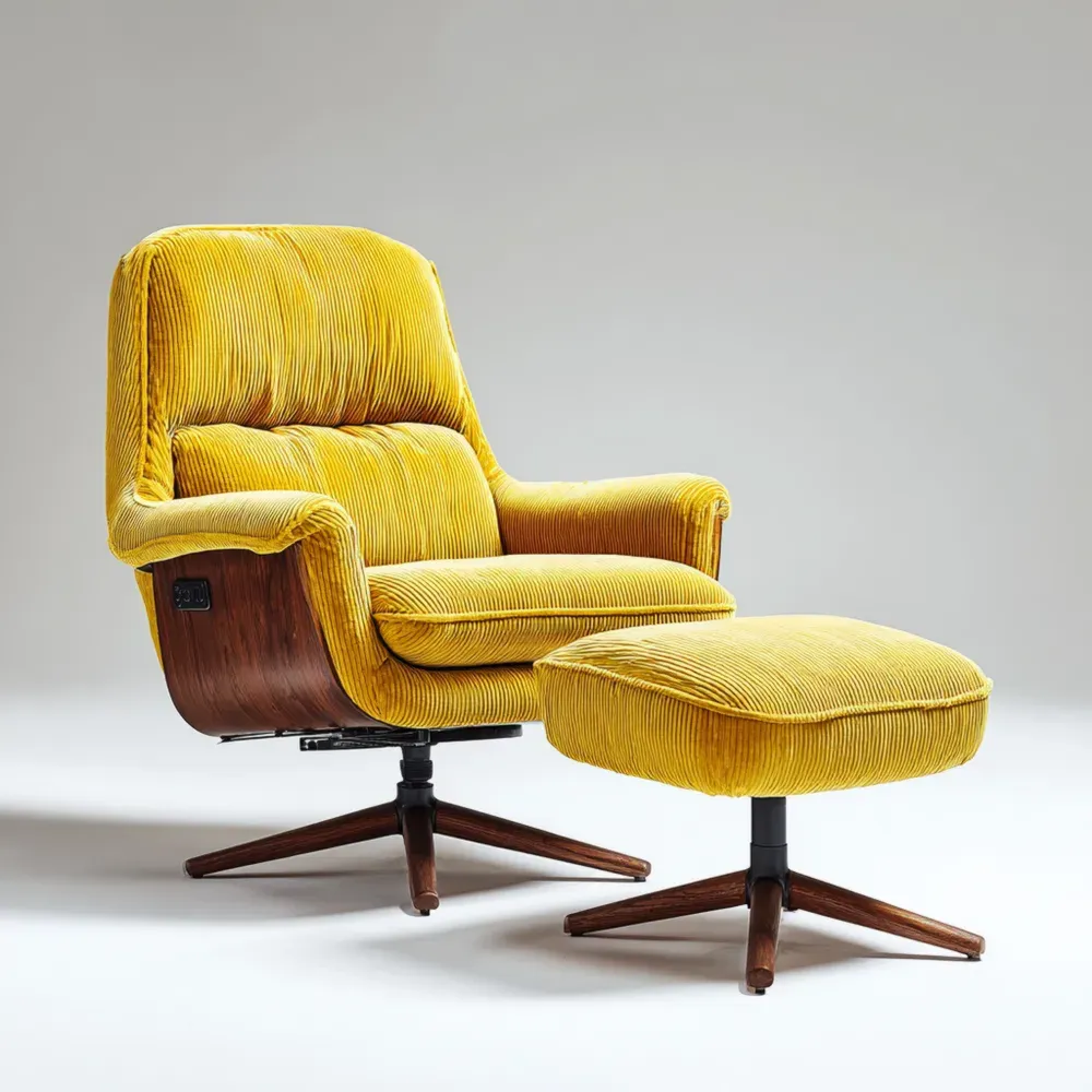 Sillón reclinable de terciopelo con otomana 80x75x100 cm – Amarillo – Diseño moderno