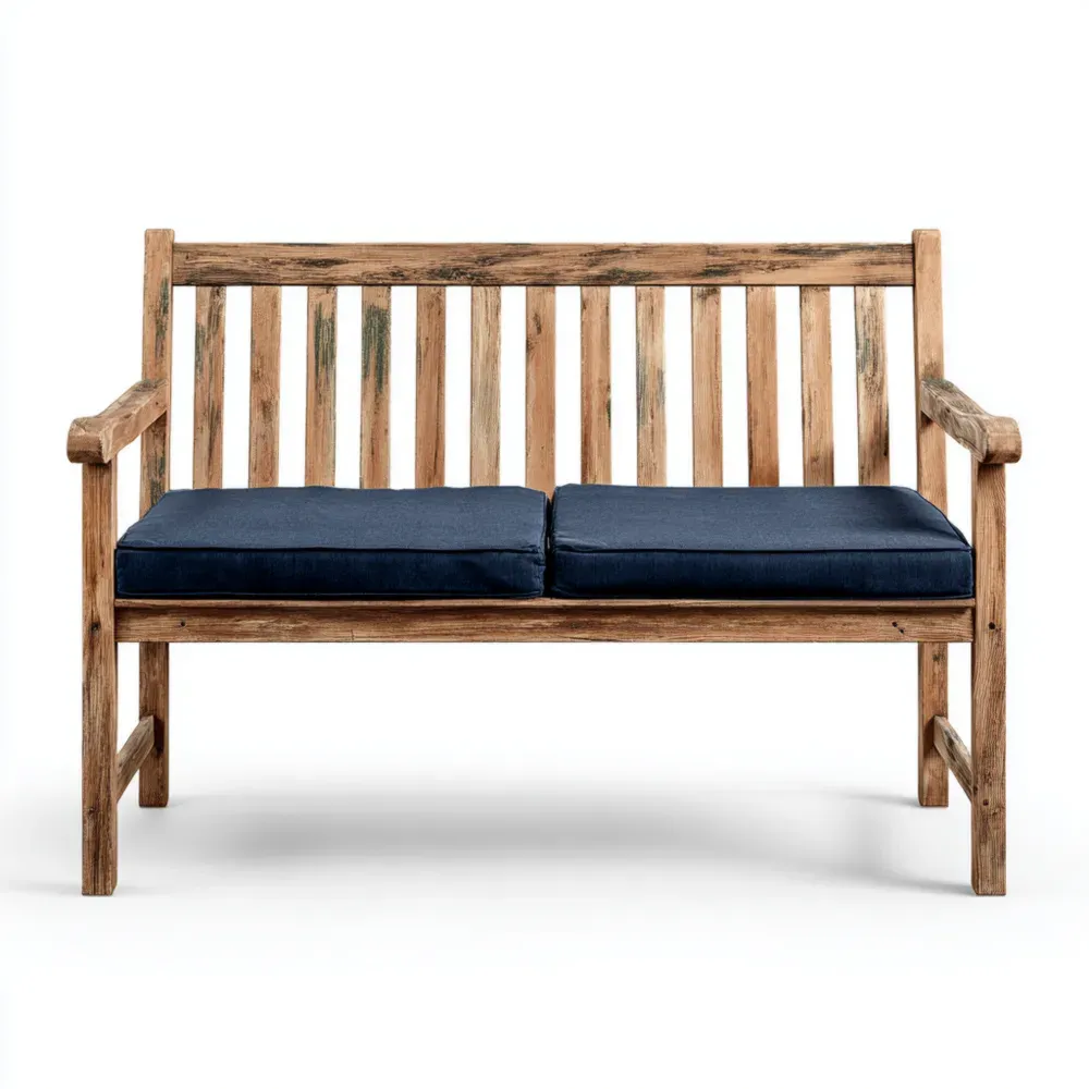 Banco de Jardín de Madera 120x60x85 cm – Cojines Azul – Estilo Rústico
