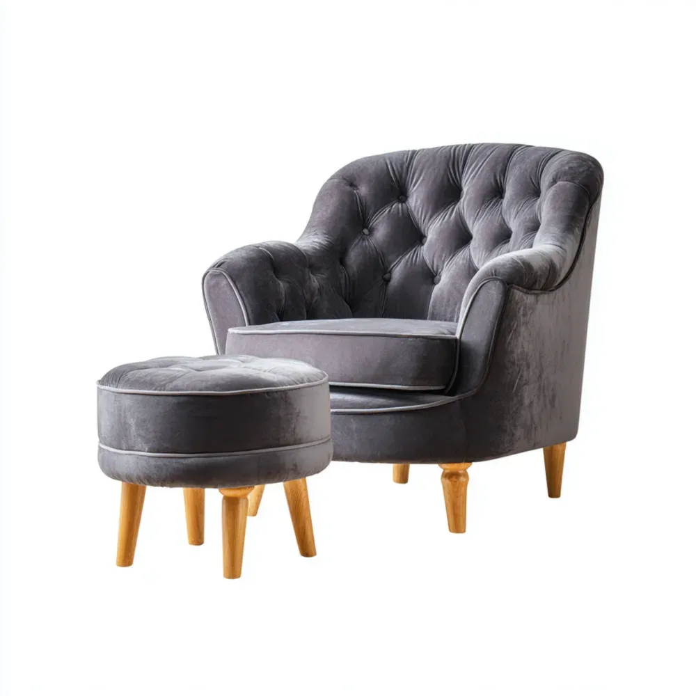 Sillón con Reposapiés Terciopelo 85x75x78 cm - Gris Oscuro - Estilo Clásico