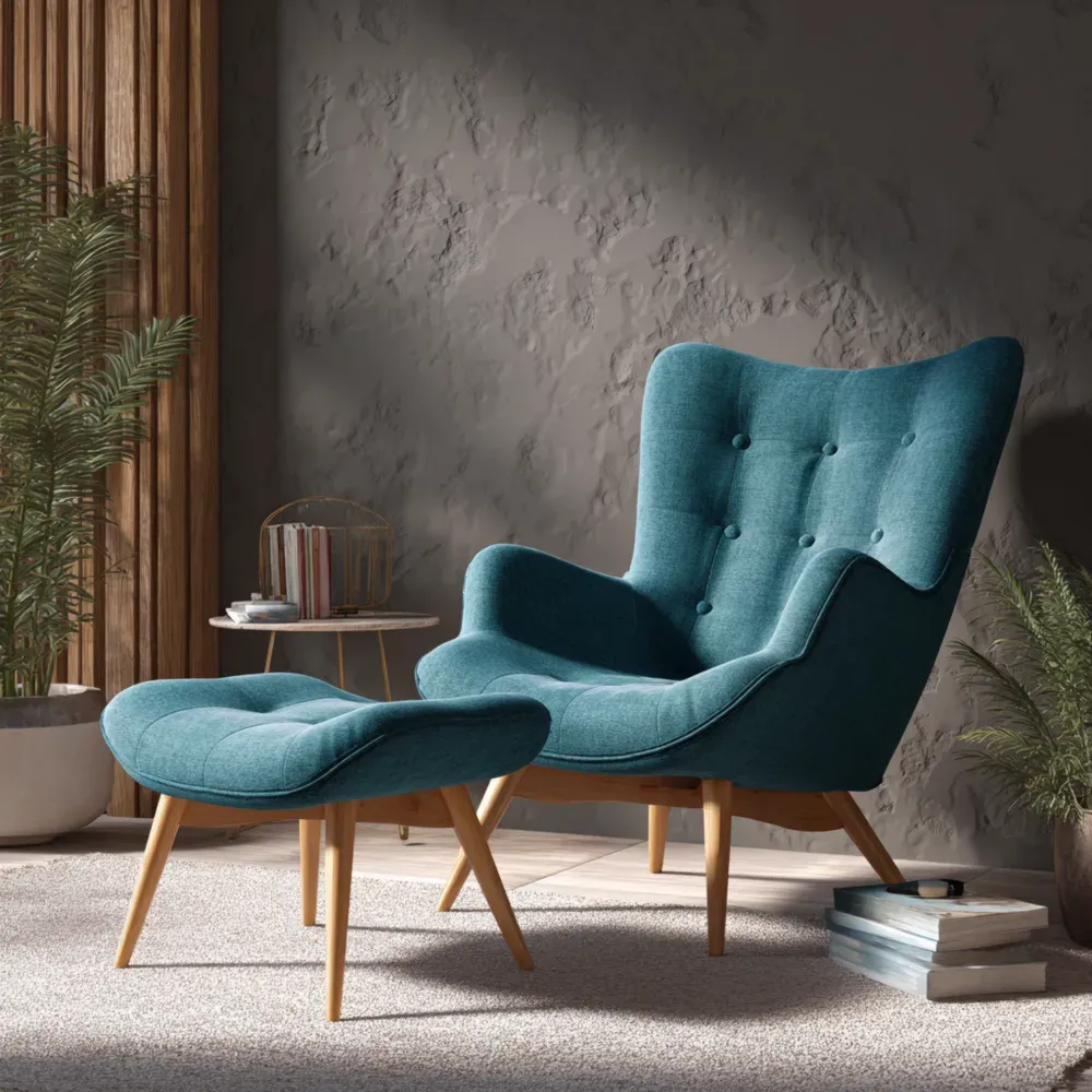 Sillón de Tela con Reposapiés 85x70x100 cm - Azul Turquesa - Diseño Escandinavo