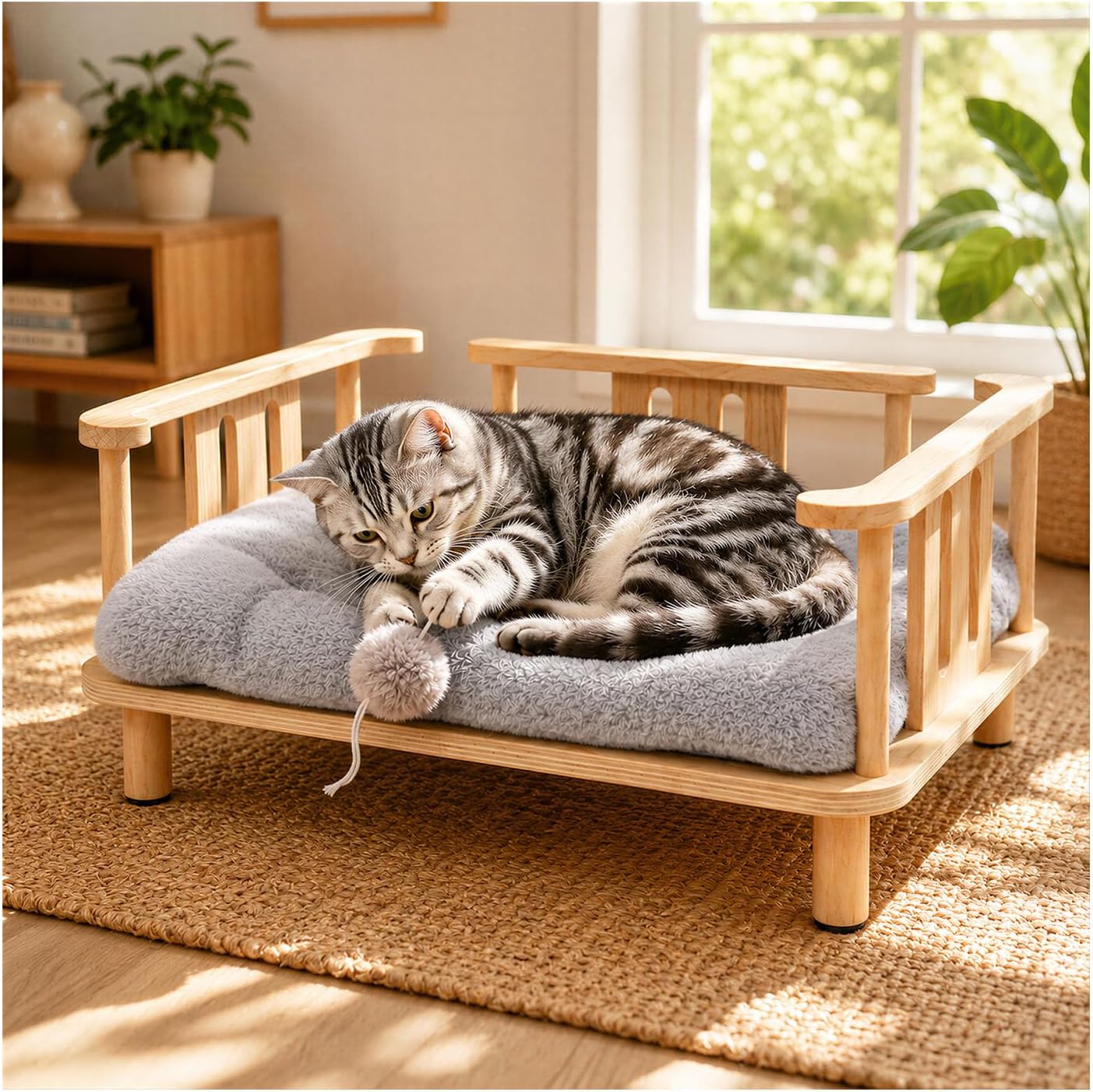Elevated Cat Couch & Dog Sofa, Solid Wood Raised Pet Bed with Machine Washable Plush Mattress