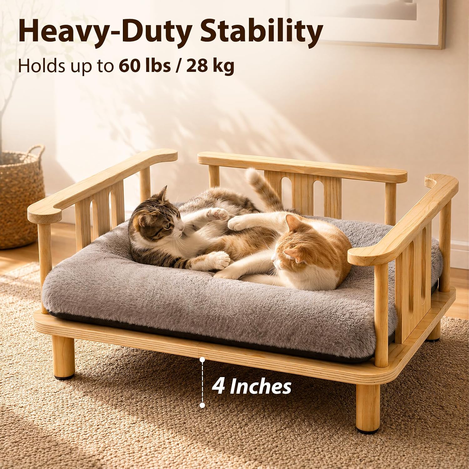Elevated Cat Couch & Dog Sofa, Solid Wood Raised Pet Bed with Machine Washable Plush Mattress