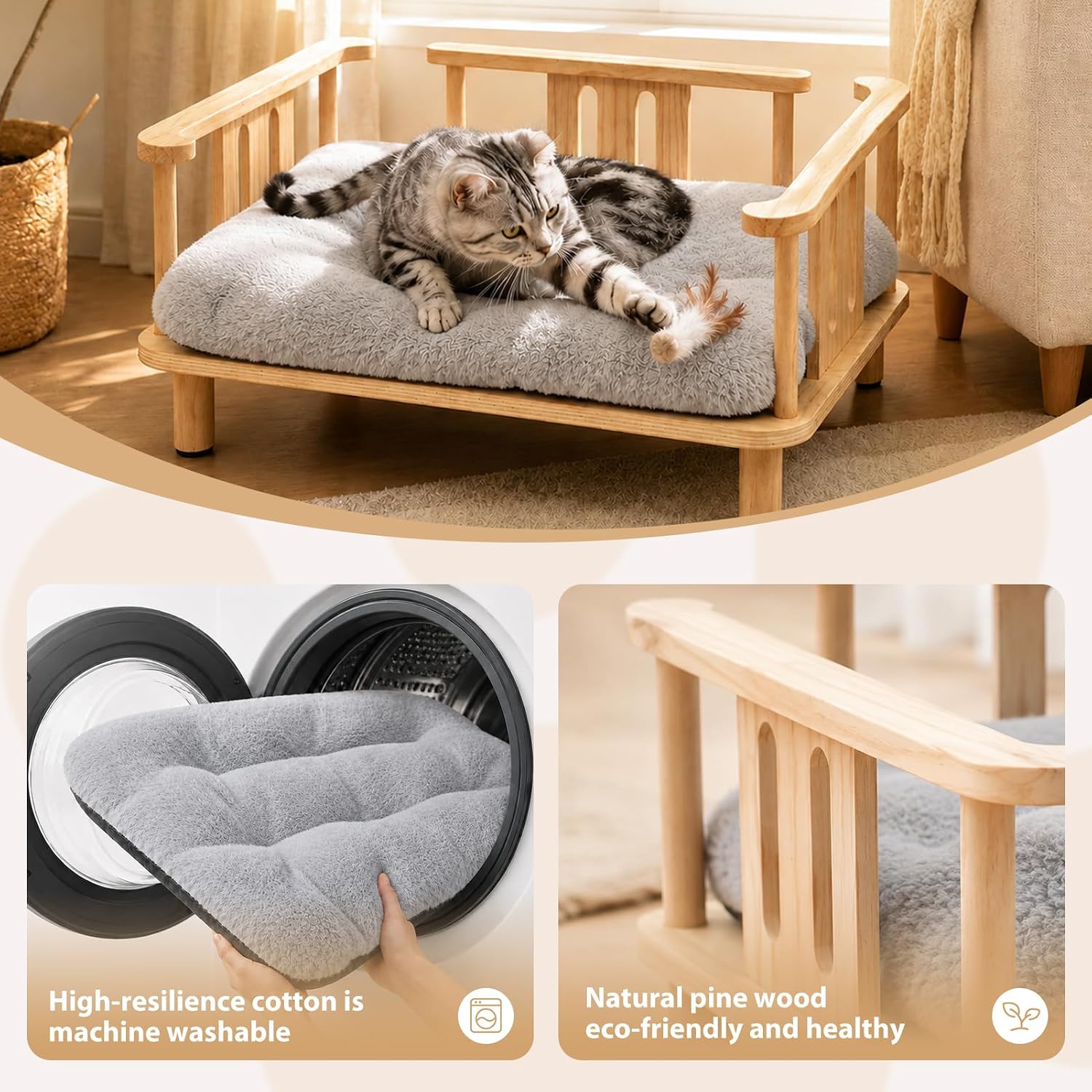 Elevated Cat Couch & Dog Sofa, Solid Wood Raised Pet Bed with Machine Washable Plush Mattress
