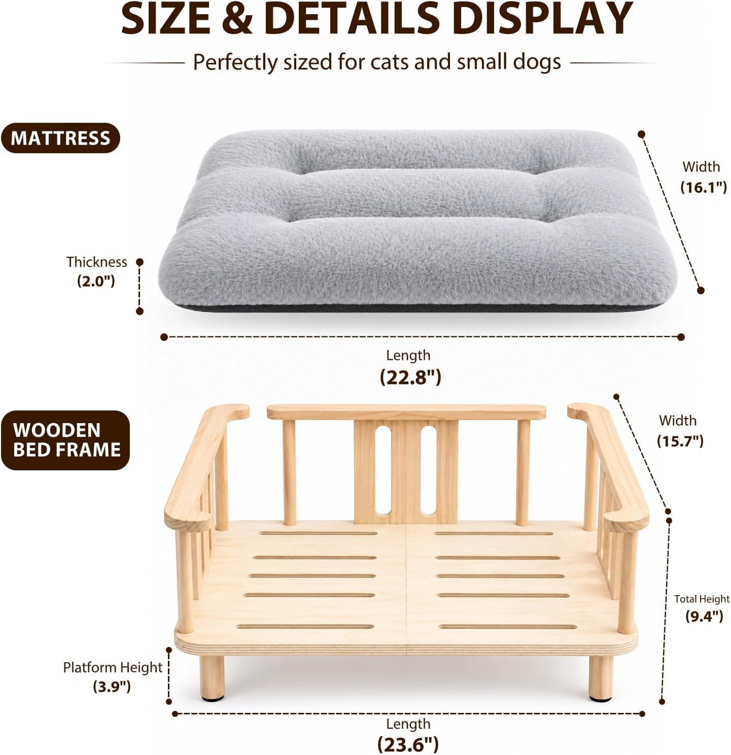 Elevated Cat Couch & Dog Sofa, Solid Wood Raised Pet Bed with Machine Washable Plush Mattress