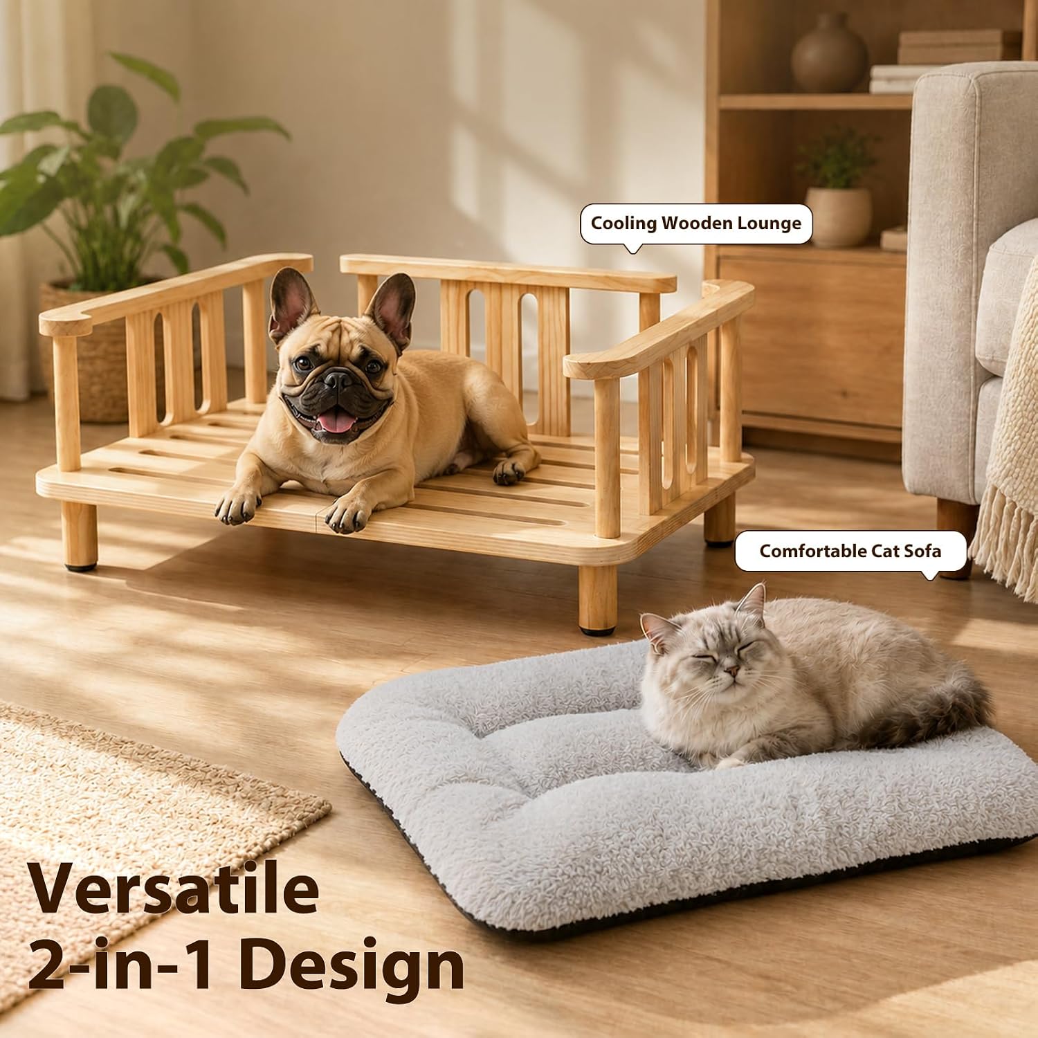 Elevated Cat Couch & Dog Sofa, Solid Wood Raised Pet Bed with Machine Washable Plush Mattress