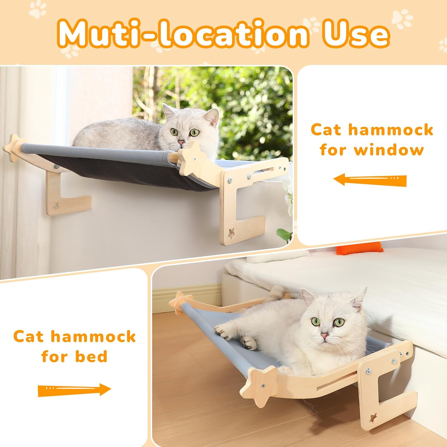 Cat Window Perch for Large Cats, Heavy Duty Hammock Bed No Drill Design, Solid Wood Frame Seat with Metal Hooks