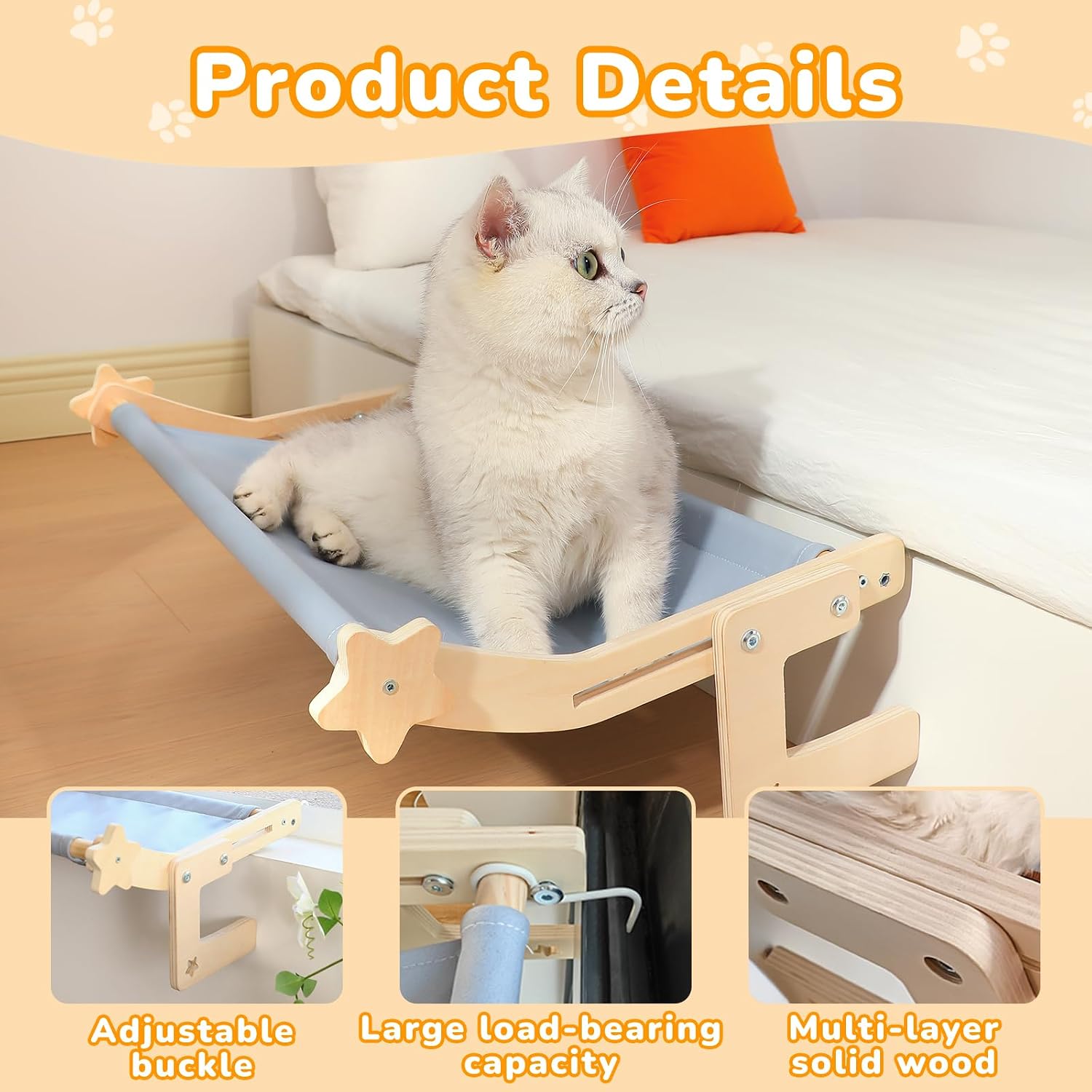 Cat Window Perch for Large Cats, Heavy Duty Hammock Bed No Drill Design, Solid Wood Frame Seat with Metal Hooks