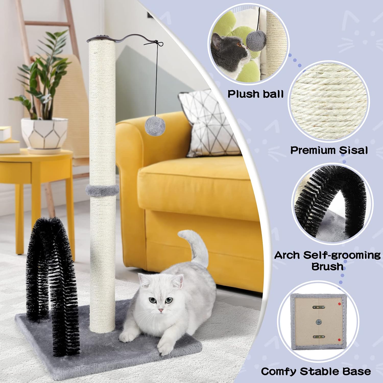 Tall Cat Scratching Post with Arch Groomer, Natural Sisal