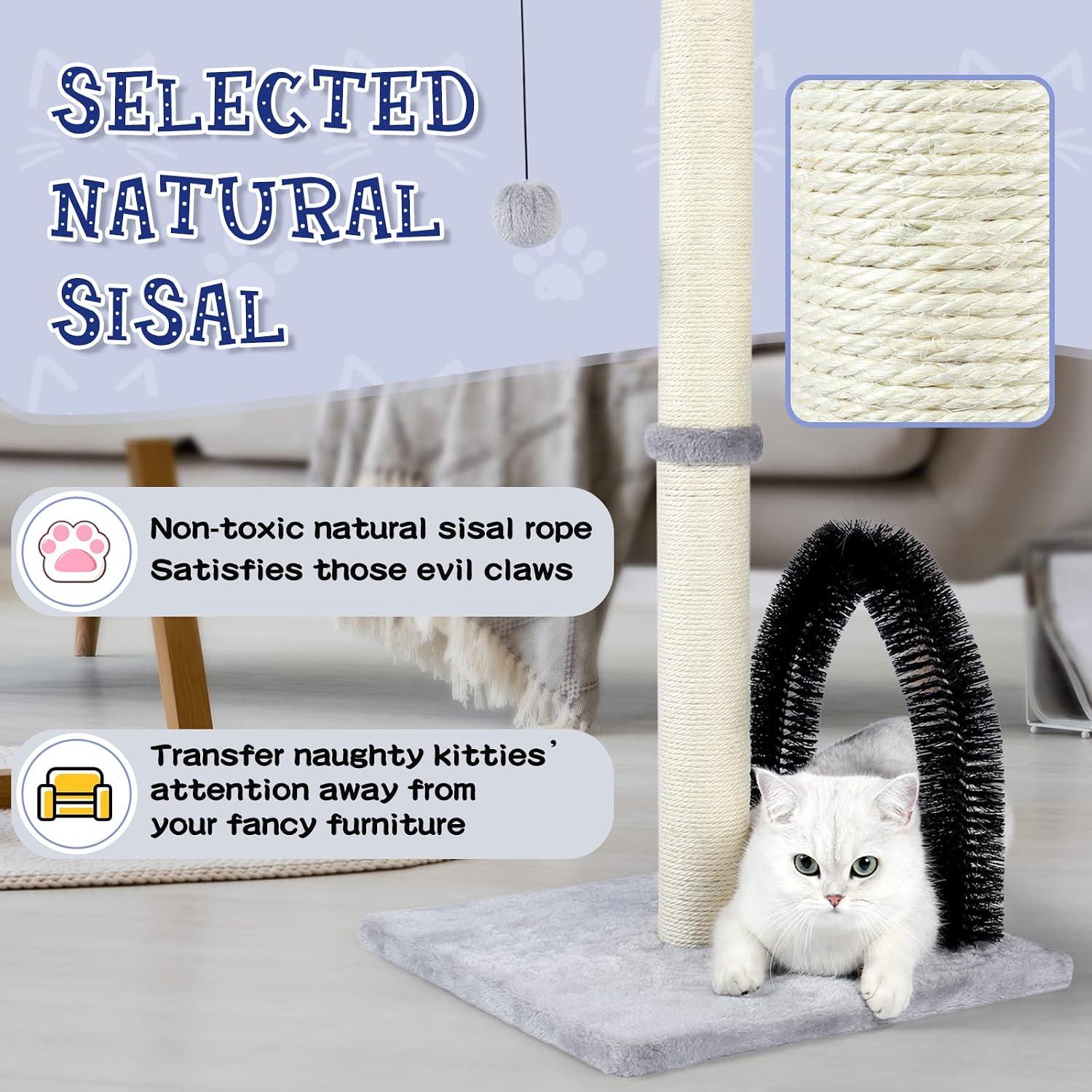 Tall Cat Scratching Post with Arch Groomer, Natural Sisal