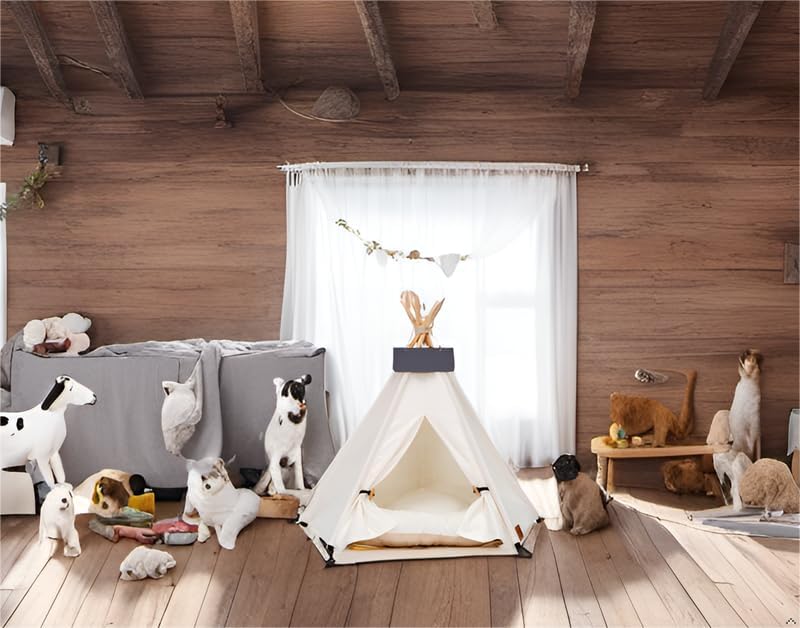 Dog Teepee Bed Cat Tent Portable Houses Pet Puppy with Thick Cushion 