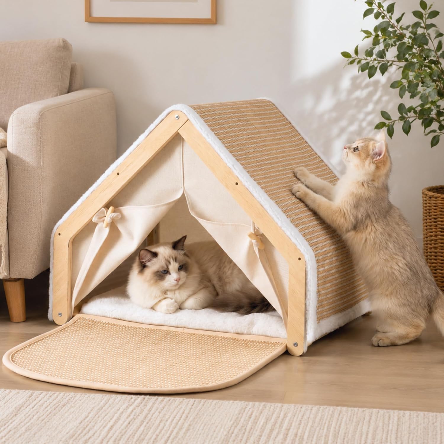 Cat Houses for Indoor Cats with Scratcher Board, Sturdy Wood Frame