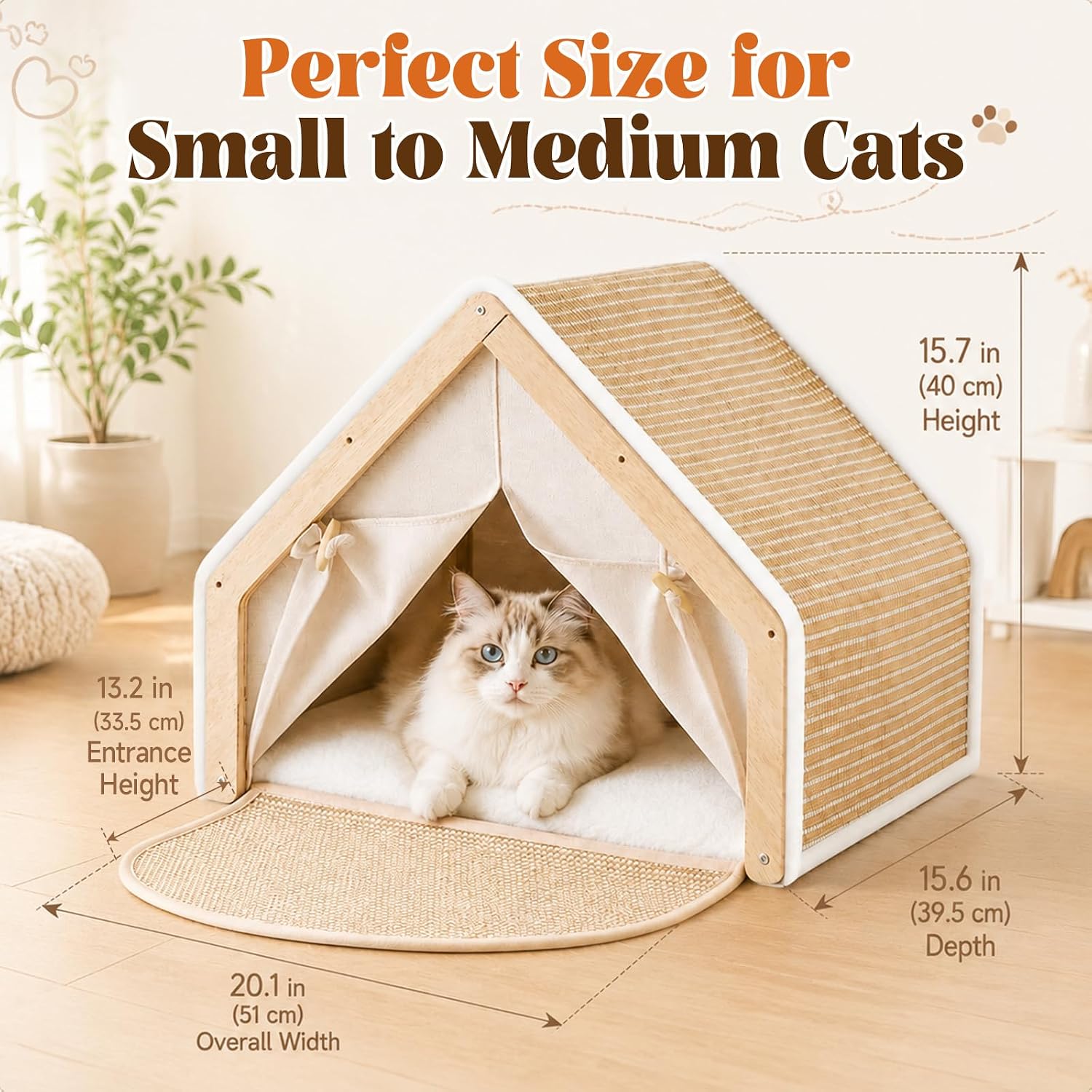 Cat Houses for Indoor Cats with Scratcher Board, Sturdy Wood Frame