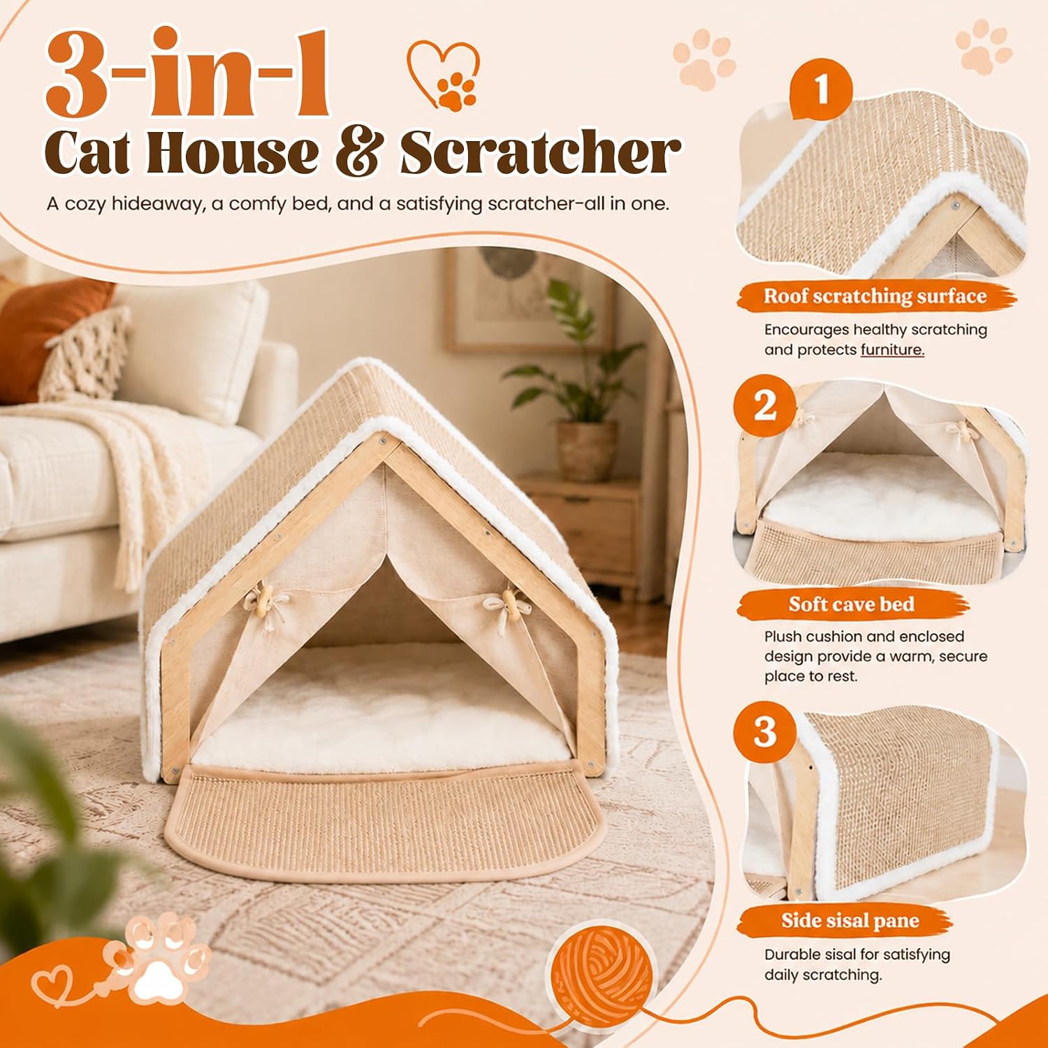 Cat Houses for Indoor Cats with Scratcher Board, Sturdy Wood Frame