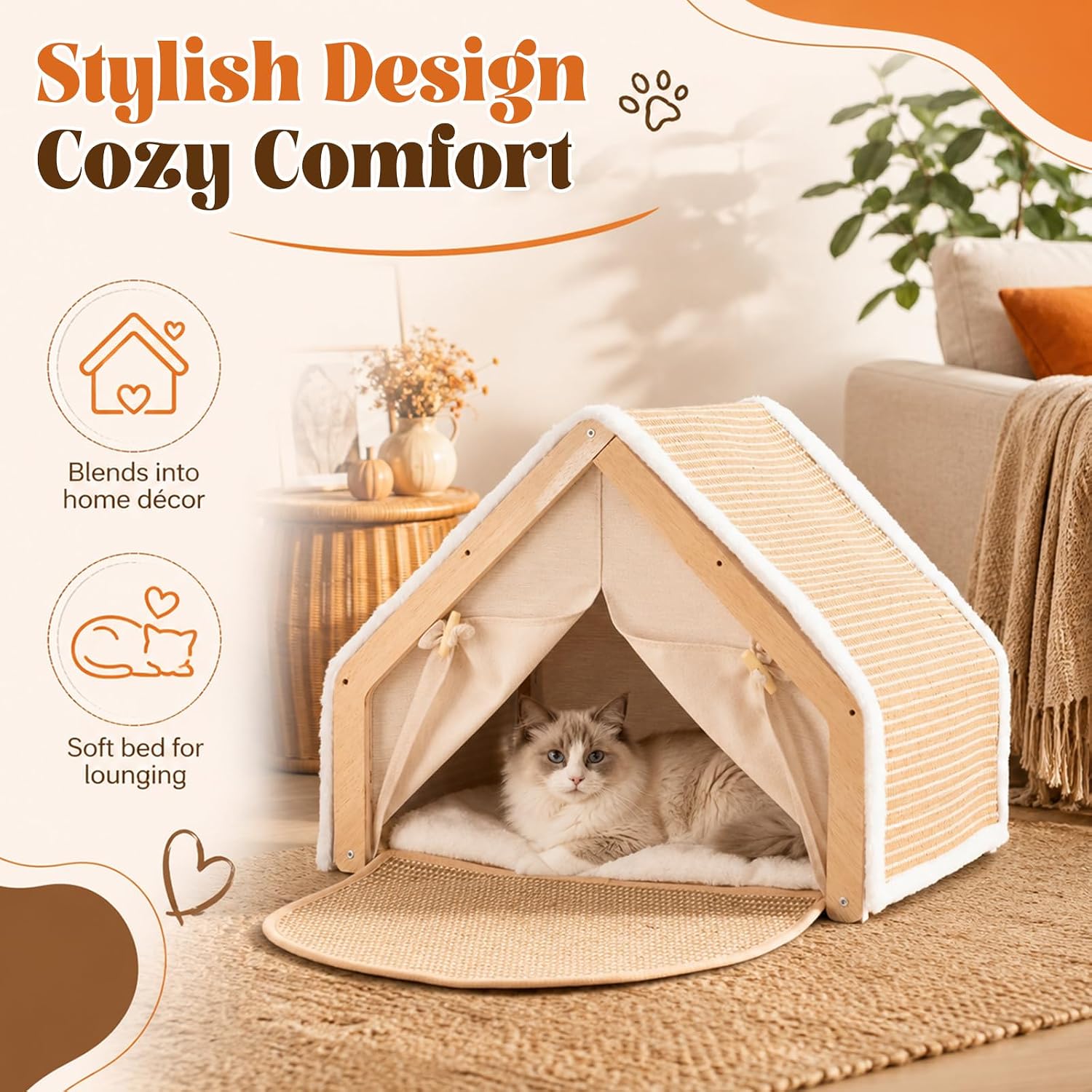 Cat Houses for Indoor Cats with Scratcher Board, Sturdy Wood Frame