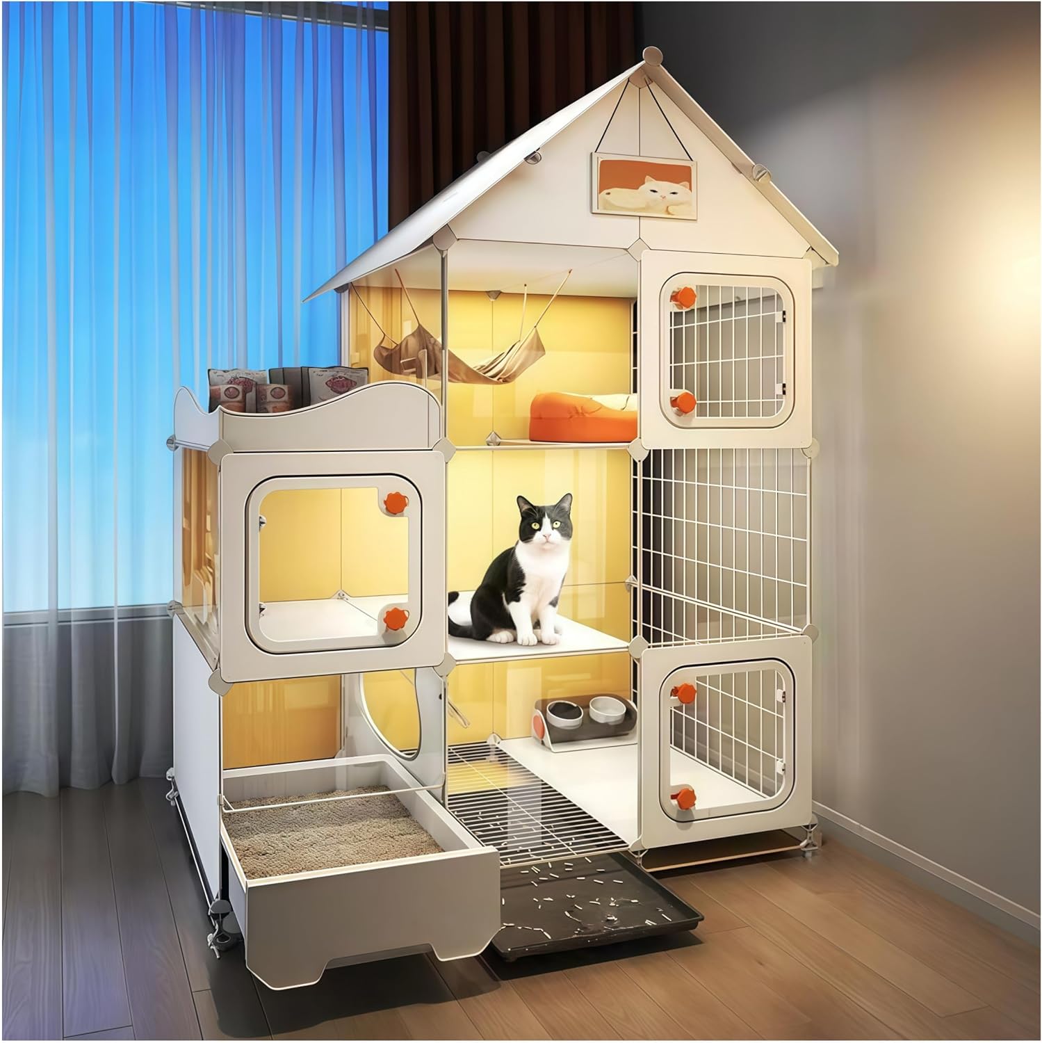 Indoor Cat Cage with Litter Box,Complimentary Cat Bed, Bowl,Teaser Wand，Cat House Large cat Villa Playpen Outdoor