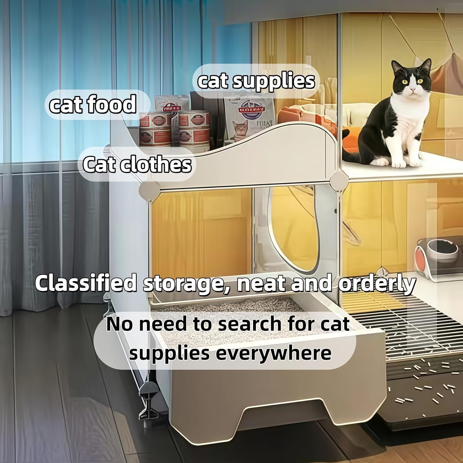 Indoor Cat Cage with Litter Box,Complimentary Cat Bed, Bowl,Teaser Wand，Cat House Large cat Villa Playpen Outdoor