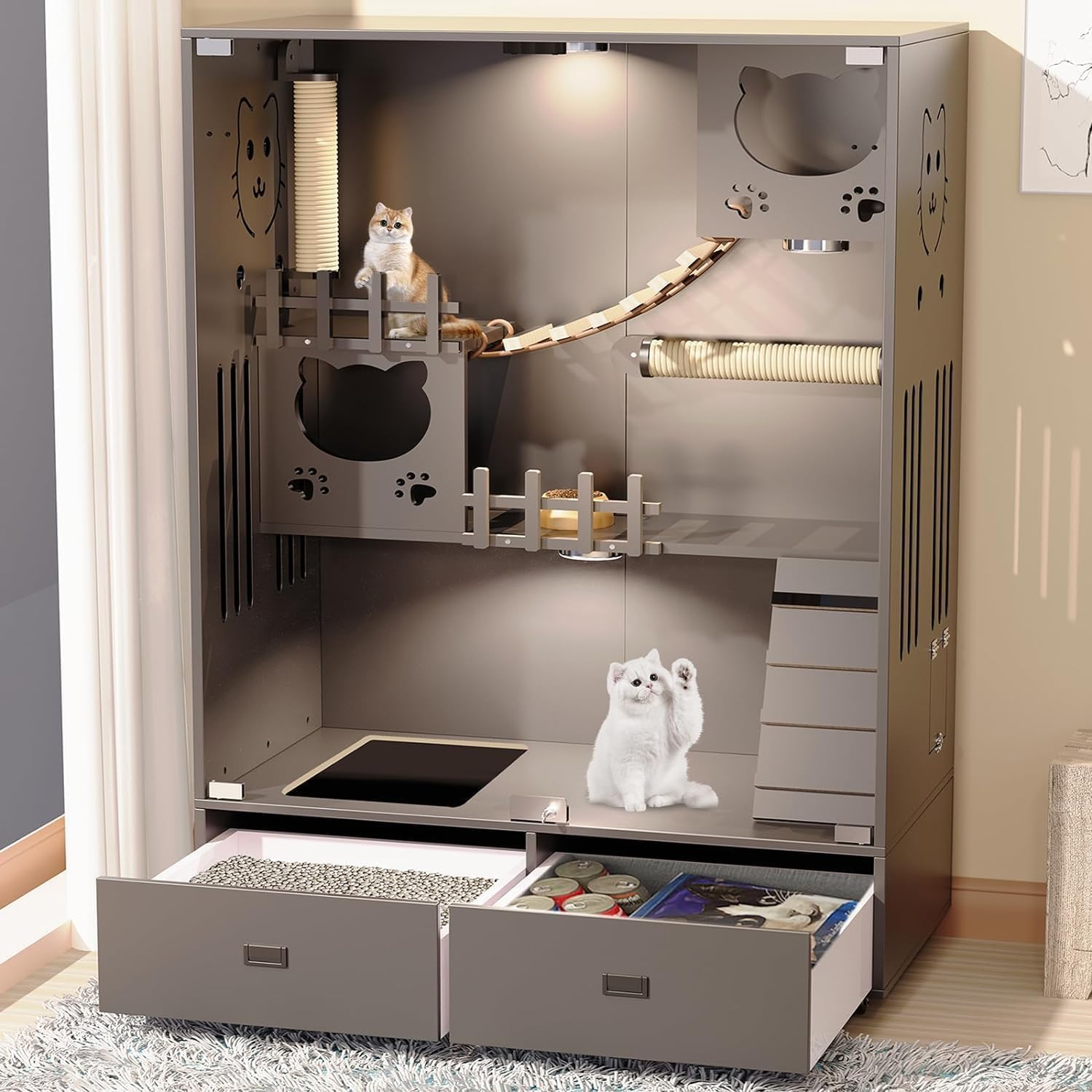Enclosed Cat Condo,Large Cat Enclosures Indoor Wooden Cat House, Multi-Feature Enclosed Cat Cage with Litter Box Drawer and Wheels