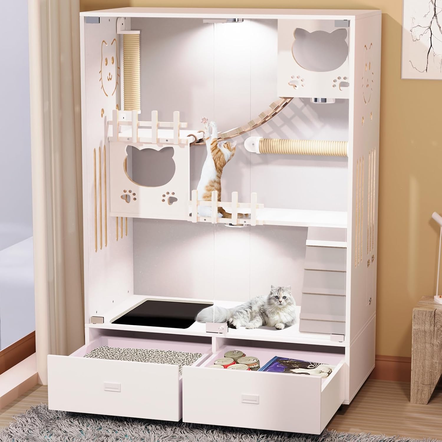 Enclosed Cat Condo,Large Cat Enclosures Indoor Wooden Cat House, Multi-Feature Enclosed Cat Cage with Litter Box Drawer and Wheels