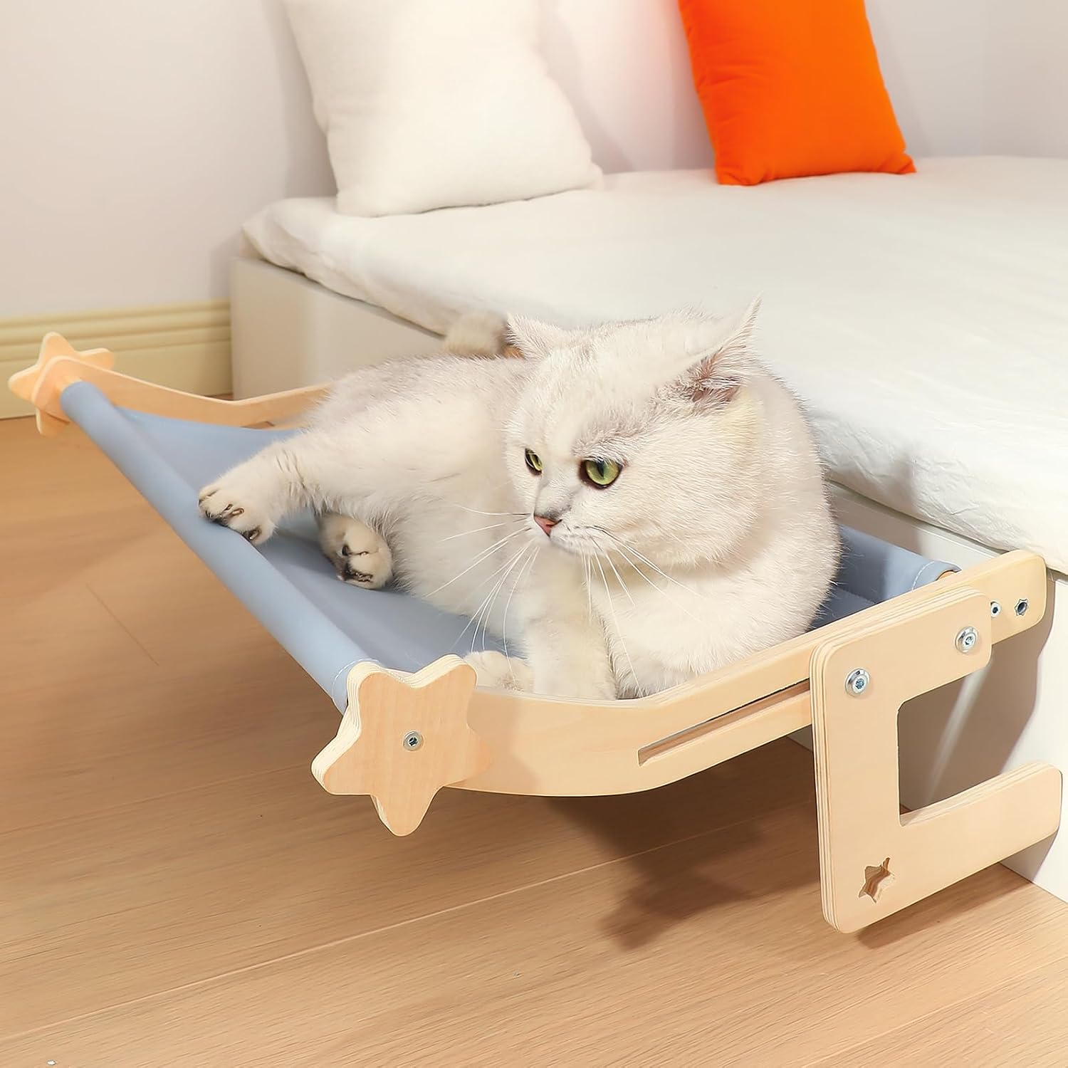 Cat Window Perch for Large Cats, Heavy Duty Hammock Bed No Drill Design, Solid Wood Frame Seat with Metal Hooks