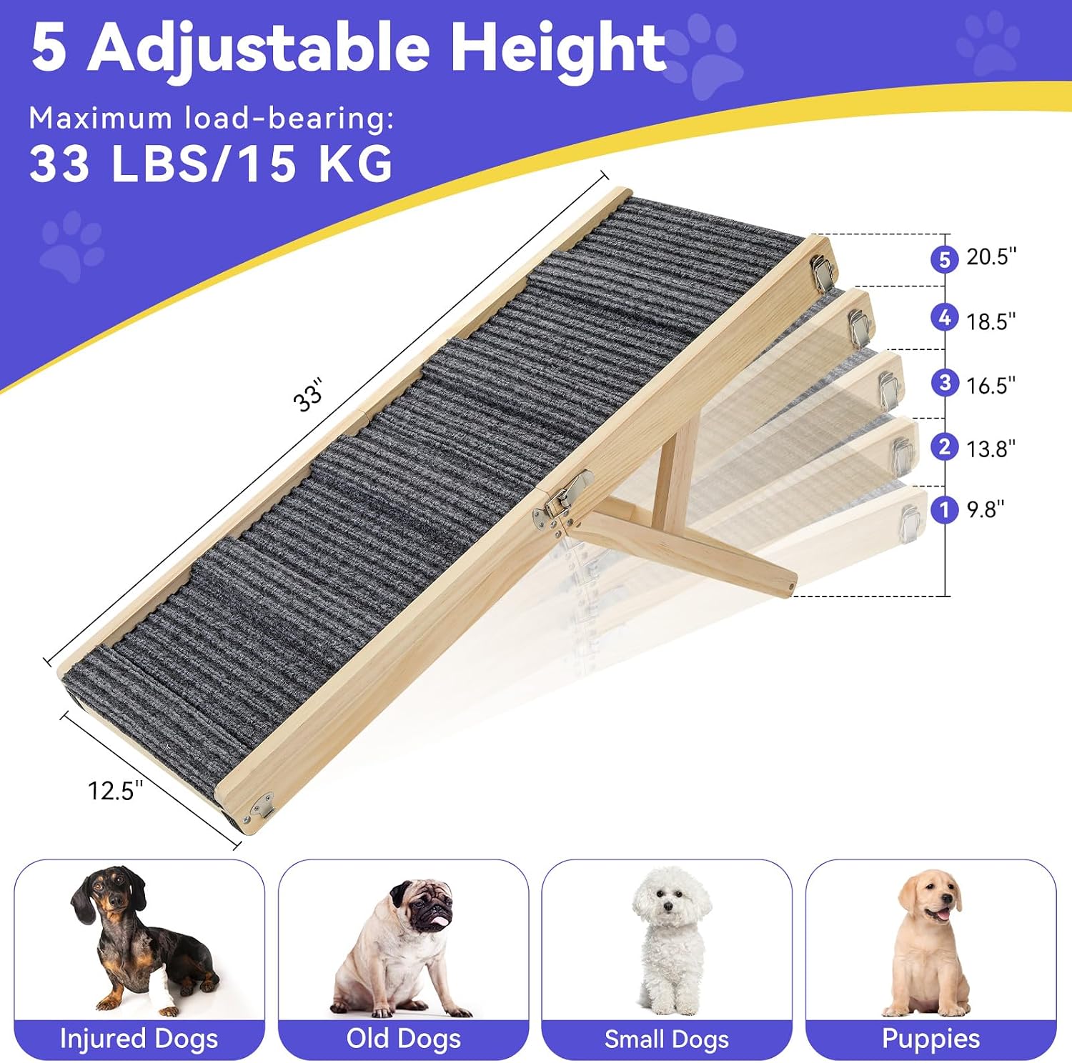 Upgraded Small Dog Ramp for Couch Foldable, 5 Ajustable Height 