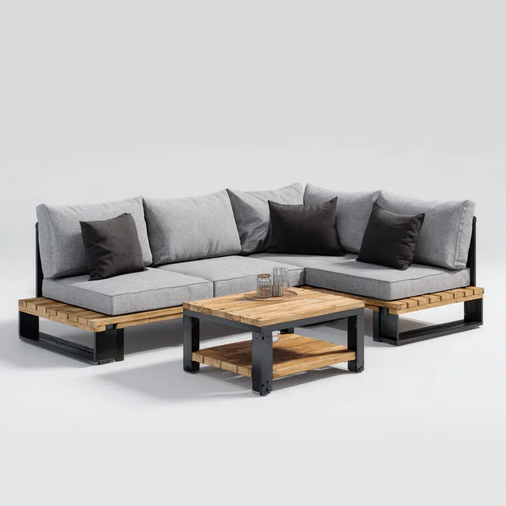 Conjunto de sofá de patio de madera y metal 250x250x75 cm – Gris Claro – Diseño moderno