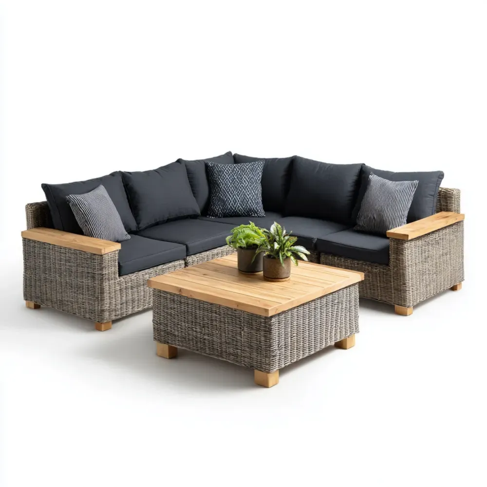 Conjunto de sofá de jardín Ratán 250x250x80 cm – Gris/Negro – Diseño Moderno