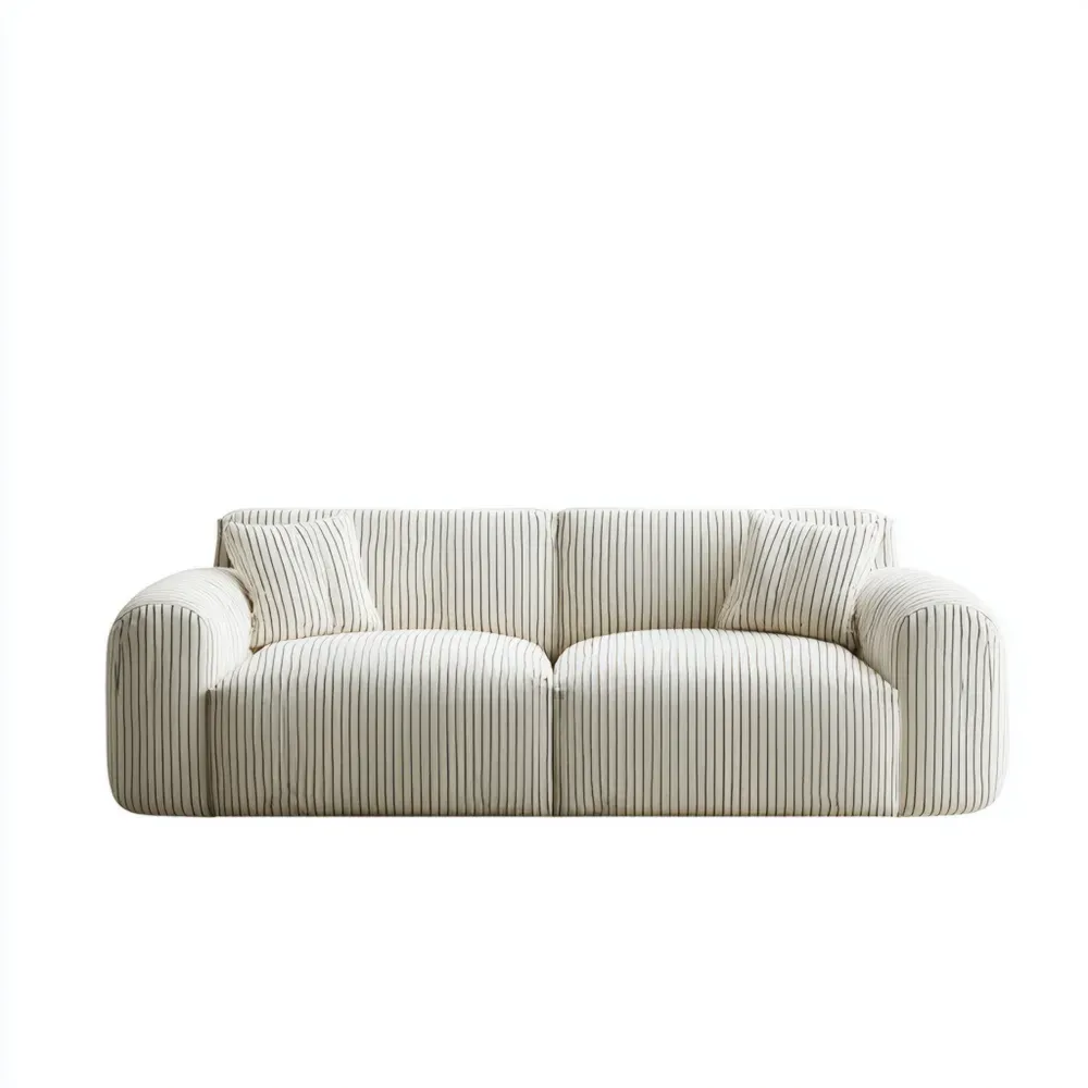Sofá Tela Relleno Suave 200x90x80 cm - Beige Rayado - Diseño Moderno