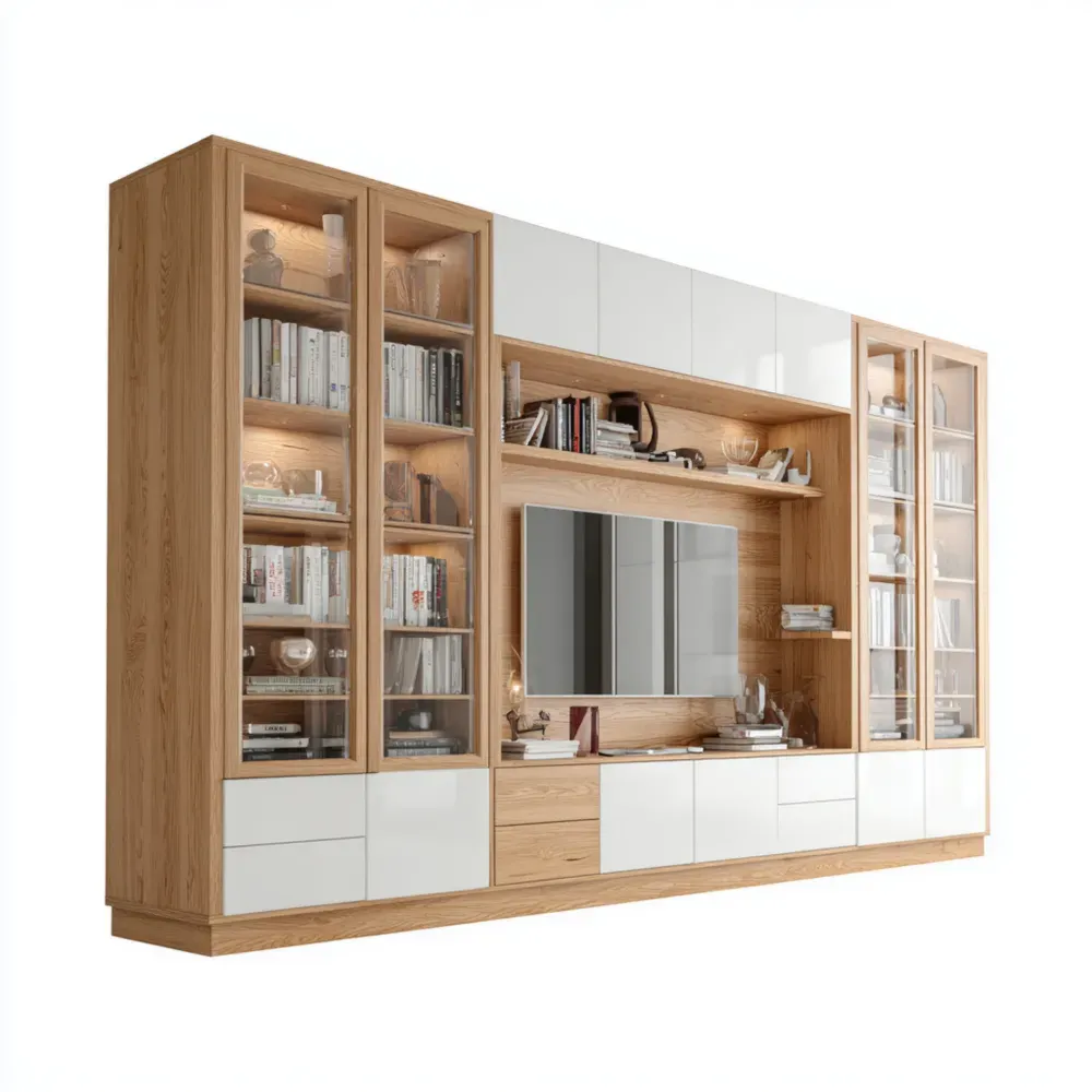 Mueble de TV moderno de madera y vidrio 300x200x45 cm - Color Roble/Blanco