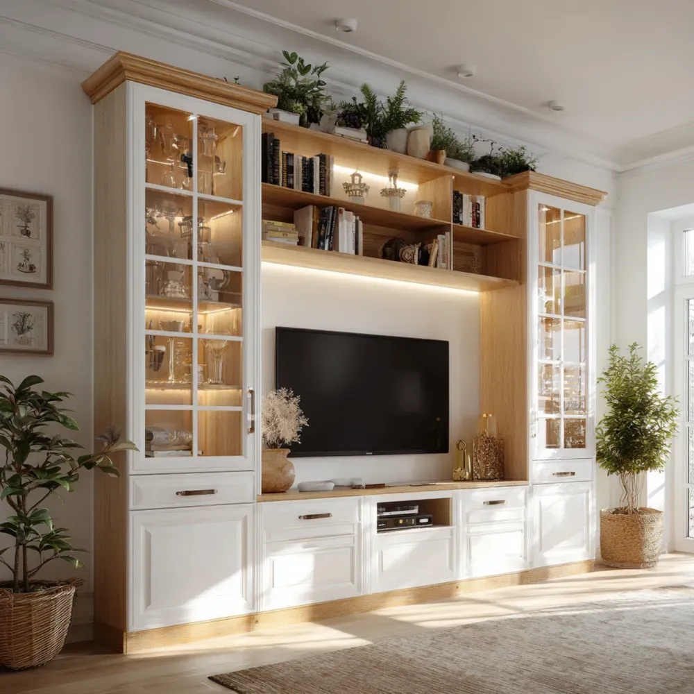 Mueble de TV de Madera Blanca/Roble 300x45x200 cm con Puertas de Vidrio – Diseño Contemporáneo