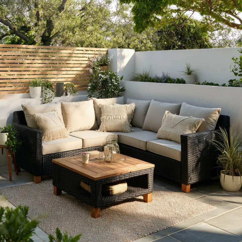 Conjunto de Sofá para Jardín Ratán Sintético 240x180x75 cm con Mesa 70x70x35 cm – Beige/Negro – Diseño Moderno