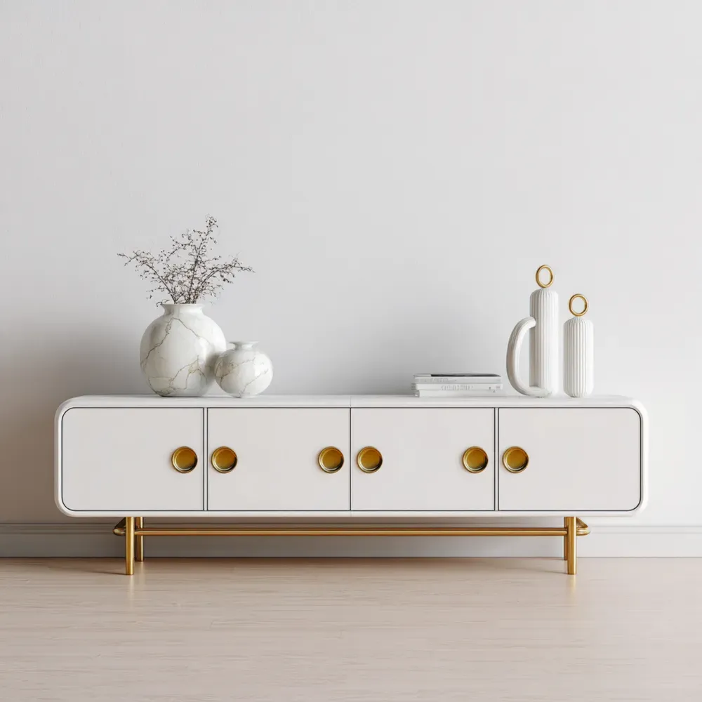 Mueble de TV Madera Lacada Blanca con Patas Doradas 180x40x50 cm – Estilo Moderno