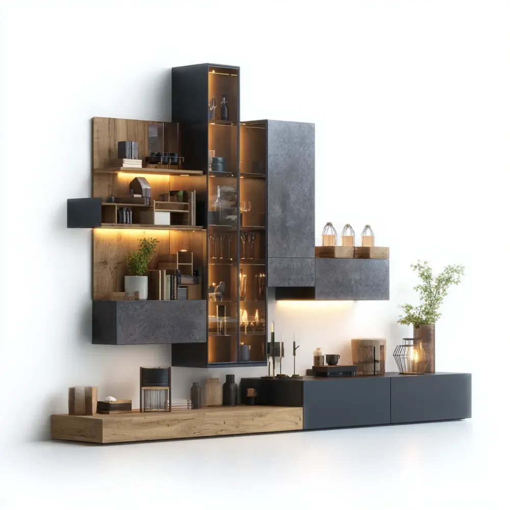 Mueble de TV Montado en Pared Madera/Metal 200x180x40 cm - Negro/Roble - Diseño Moderno