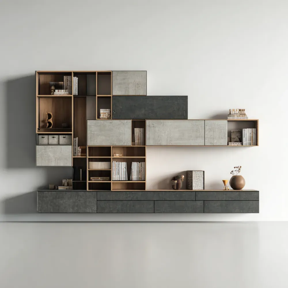 Mueble de TV Modular de Madera y Metal 200x180x40 cm - Gris/Beige - Diseño Contemporáneo