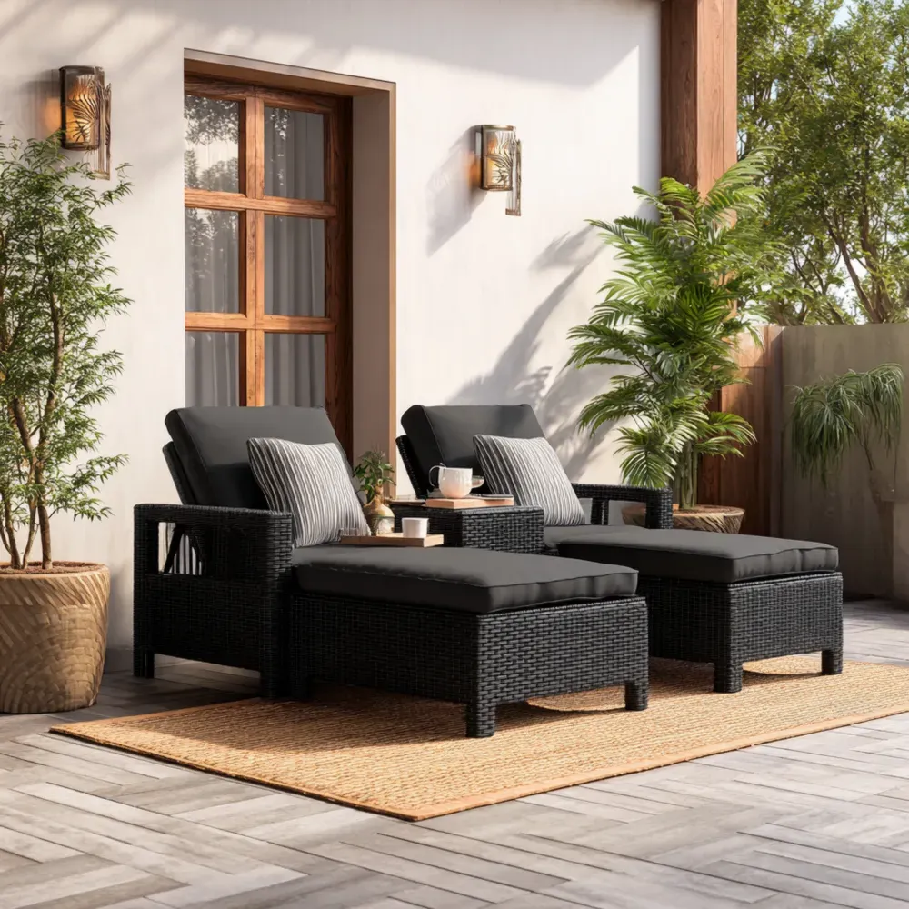 Conjunto de Sofá para Jardín 80x75x70 cm Ratán Sintético Negro - 2 Sillones con Reposapiés